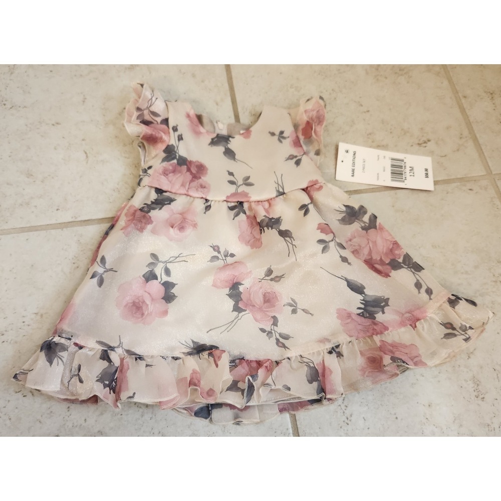 Rare Editions Baby Girl Floral Organza Dress Pink Roses Flutter Sleeve NWT 12M